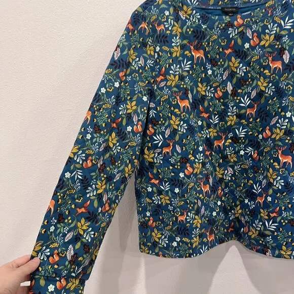 Talbots Woodland Ditsy Animal Print Quilted Sweatshirt Women's Large Blue Fairie - Picture 4 of 10